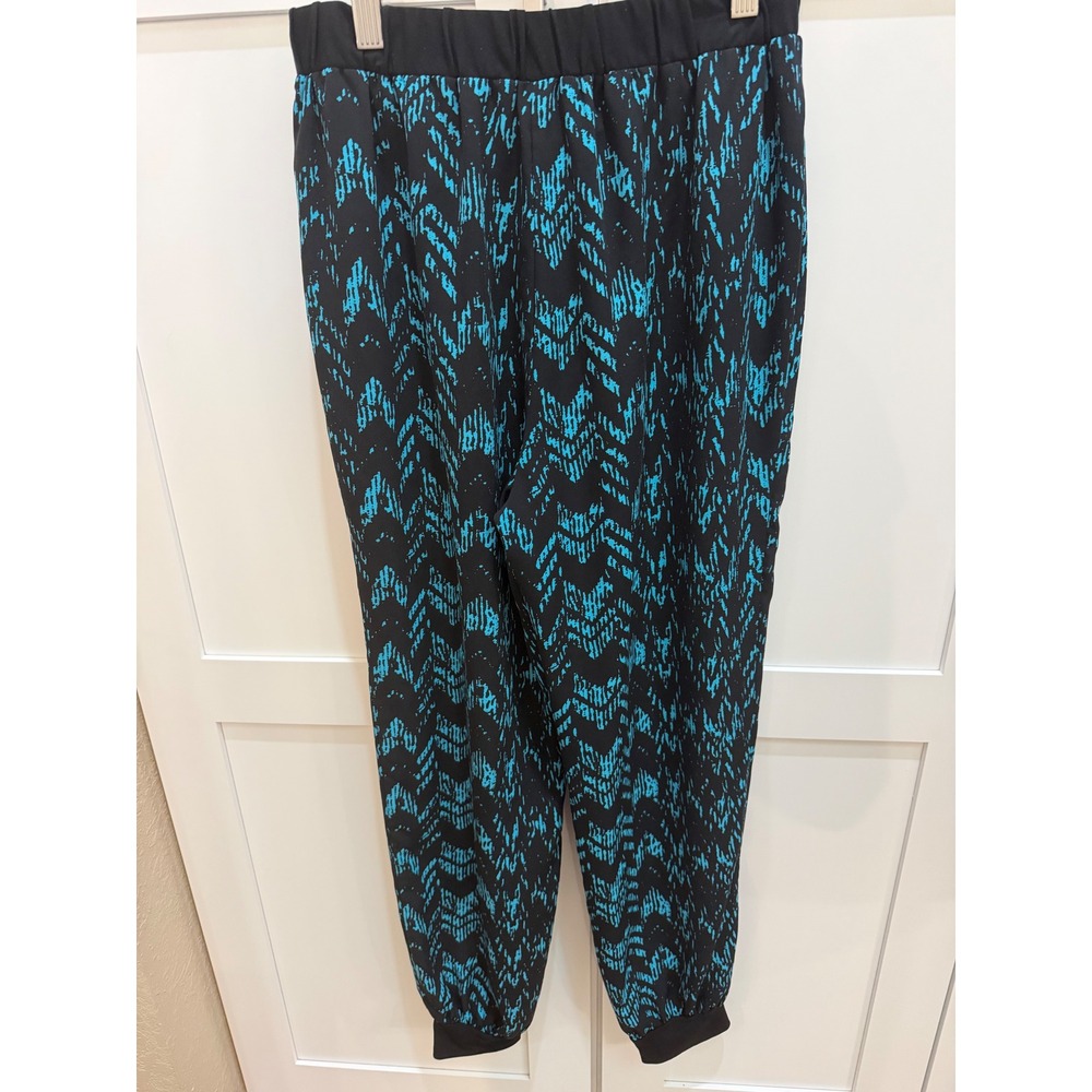 Bongo Womens Jogger Pants Large Black Teal Blue Abstract Print Zippers no pocket - Picture 2 of 8